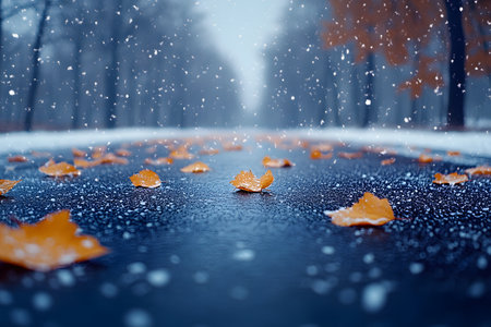 Fallen orange autumn leaves scattered across a snow-dusted road, creating a vivid contrast. snowflakes fall gently, enhancing the serene, atmospheric blend of late fall and early winter. Generative AIの素材