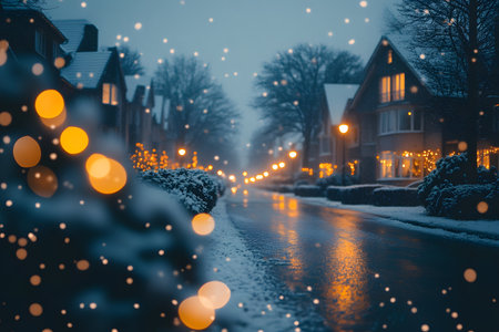 Quiet winter street scene with glowing festive lights lining snow-covered houses and trees. bokeh effect adds a dreamy atmosphere, emphasizing warmth against the cold evening backdrop. Generative AIの素材