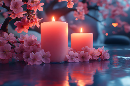 Tranquil arrangement of two lit candles surrounded by cherry blossoms, casting a warm glow over a reflective water surface. the scene evokes peace and serenity, ideal for relaxation and meditation themes. Generative AIの素材