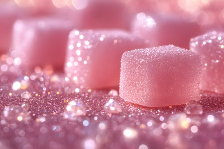 Close-up of pink sugar cubes illuminated by sparkling light, creating a whimsical and dreamy atmosphere. the glistening sugar crystals and shimmering reflections evoke a sense of sweetness and creativity, perfect for design elements. Generative AIの素材