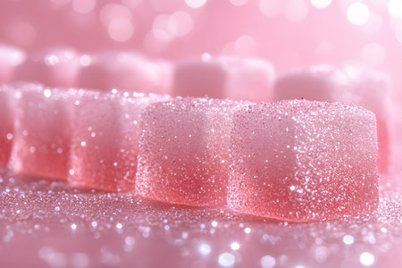 Pink sugar cubes with a glittery shimmer create a dreamy aesthetic. the close-up focuses on the texture and sparkle of the cubes, illuminating a sweet and whimsical theme perfect for artistic designs. Generative AIの素材