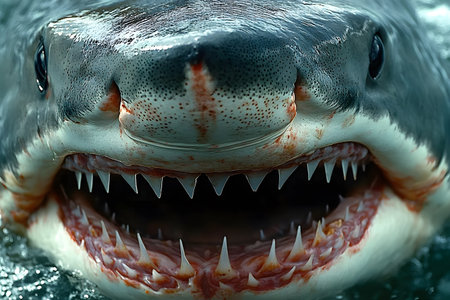 Intense close-up of a great white shark showcasing its sharp teeth and powerful jaw. the vivid realism highlights the formidable nature of this ocean predator and emphasizes the raw power of marine wildlife. Generative AIの素材