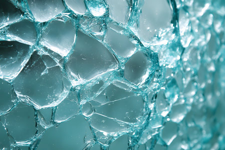 Close-up of a shattered glass surface, showcasing intricate textures and patterns. the fragmented, translucent pieces create a dynamic visual with light reflections, suitable for abstract designs and creative backgrounds. Generative AIの素材