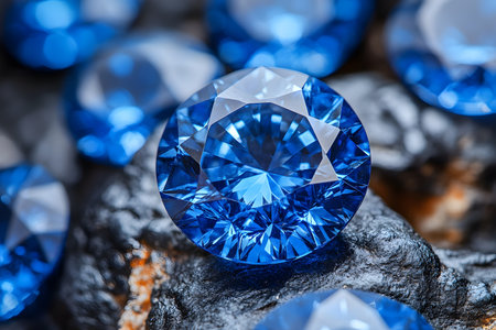 Sparkling blue gemstones rest elegantly on a textured rock surface, showcasing their brilliant facets and deep hues. ideal for jewelry design inspiration, luxury branding, or artistic decoration concepts. Generative AIの素材