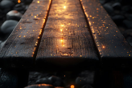 Warm twilight glow illuminates a weathered wooden bench, creating a magical ambiance with scattered sparkles. ideal for nature-themed designs and natural retreat promotions. Generative AIの素材