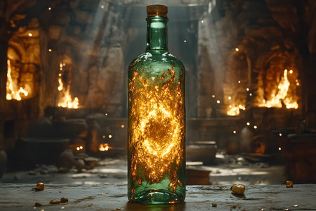 A glowing green bottle emits a magical aura in a dimly lit ancient ruin, surrounded by flickering flames. dust particles float in golden light, evoking a mystical and magical fantasy atmosphere. Generative AIの素材