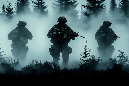 Soldiers in tactical gear advance through a dense, foggy forest, creating a mysterious and intense atmosphere. their silhouettes convey stealth and precision as they navigate the wooded terrain, themes of strategy and teamwork. Generative AIの素材
