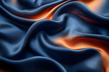 The rich interplay of blue and orange silk creates a dynamic wave-like effect, the fabric's luxurious texture. ideal for fashion or interior design themes, showcasing elegance and sophistication. Generative AIの素材