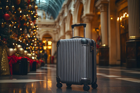 A stylish suitcase stands in an opulent hotel lobby adorned with festive christmas decorations. the grand ambiance and soft lighting enhance the scene, reflecting the allure of holiday travel and luxury accommodations. Generative AIの素材