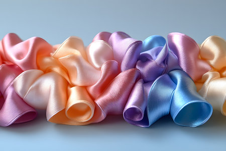 A stunning array of pastel satin ribbons showcases a smooth gradient of colors from peachy pinks to gentle blues and purples. perfect for adding a soft, elegant touch to crafts, gift wrapping, or interior design. Generative AIの素材