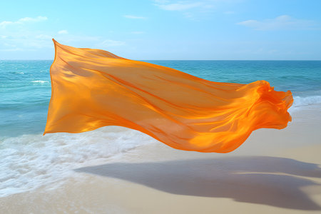 A vibrant orange fabric gracefully flows in the air against the backdrop of a tranquil beach with gentle waves and a clear blue sky. the interplay of colors and motion creates a dynamic and peaceful scene. Generative AIの素材