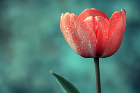 A close-up of a vibrant pink tulip adorned with delicate dewdrops against a soothing teal background. the focus on the petals highlights the intricate textures and natural beauty of the flower in springtime. Generative AIの素材
