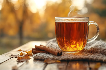 A steaming cup of tea sits on a knitted scarf against a backdrop of autumn leaves, evoking cozy fall vibes. cinnamon sticks add a touch of spice, making it perfect for seasonal relaxation and warmth. Generative AIの素材