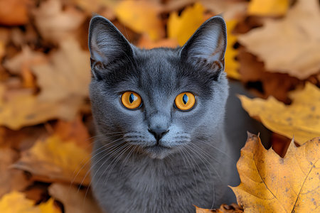 A striking gray cat with vivid amber eyes sits among a vibrant array of autumn leaves. the contrast between the cat's fur and the warm, earthy hues of the foliage creates a captivating visual harmony. Generative AIの素材