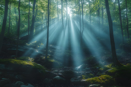Sunrays cascade through a dense forest canopy, illuminating the soft moss and rugged terrain below. the ethereal glow enhances the tranquil and mysterious ambiance, ideal for themes of serenity and nature's beauty. Generative AIの素材