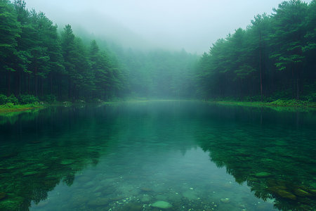 Verdant pine trees border a serene, crystal-clear lake, creating a mysterious and peaceful ambiance with fog enveloping the forest. ideal for nature enthusiasts seeking tranquility and inspiration. Generative AIの素材