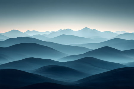 Misty mountain ranges under a soft dawn sky, showcasing gentle gradients of blue and grey. the peaceful scene emphasizes natural beauty, perfect for home decor or as inspiration for travel and adventure. Generative AIの素材