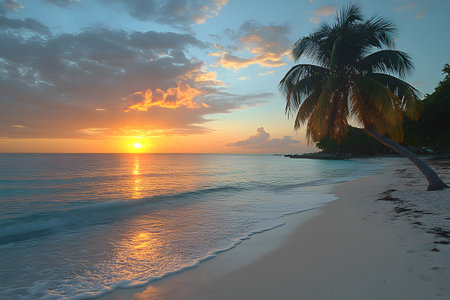 Sunset over a serene tropical beach featuring gently lapping ocean waves and a solitary palm tree. the vibrant sky transitions from warm oranges to cool blues, creating a relaxing and picturesque coastal scene. Generative AIの素材