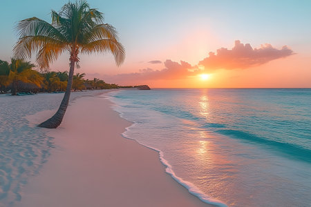 A tranquil tropical beach at sunset, featuring gentle waves washing onto pristine sand. a lone palm tree stands against a vibrant sky with warm hues, offering a serene and picturesque coastal landscape. Generative AIの素材