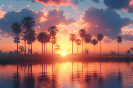 Vibrant sunset reflects across a serene tropical oasis. towering palm trees silhouette against colorful sky, casting reflections on calm water. a celestial scene blending nature and tranquility in a lush paradise. Generative AIの素材
