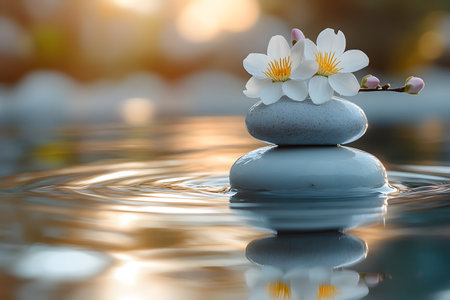Smooth stones stacked in balance, adorned with delicate white blossoms, reflect tranquil harmony over rippling water at sunset, evoking themes of meditation and mindfulness in a serene natural setting. Generative AIの素材