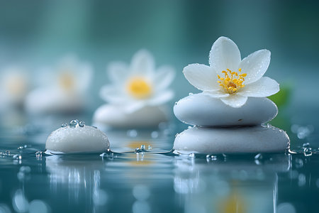 Zen-inspired spa scene features white lotus flowers gently resting on smooth, wet stones. the calming blue-green water and soft focus in the background evoke serenity, ideal for wellness and meditation themes. Generative AIの素材