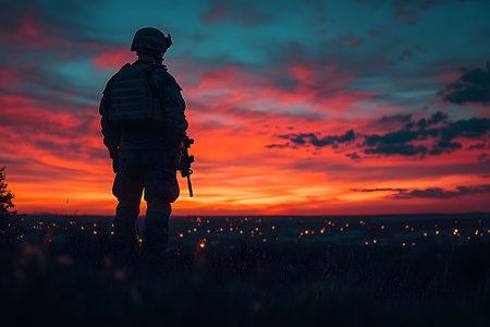 A lone soldier stands silhouetted against a vibrant, colorful sunset, embodying themes of solitude and contemplation. the dramatic sky and distant city lights add depth and emotion to the scene, ideal for military-themed designs. Generative AIの素材
