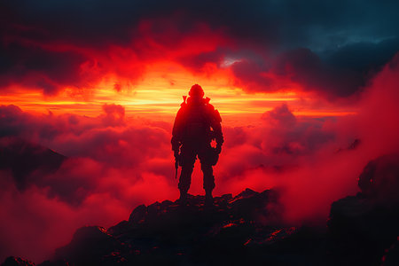 Solitary soldier silhouetted against a fiery sunset on a mountain peak, enveloped in vibrant red and orange clouds. the dramatic setting suggests themes of adventure, resilience, and heroism in a stunning natural environment. Generative AIの素材