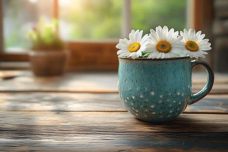 A rustic ceramic mug filled with cheerful white daisies against a warmly lit wooden table backdrop. soft natural light filters through a window, creating a cozy atmosphere ideal for spring decor or greeting card designs. Generative AIの素材