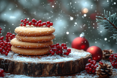 Delicious golden cookies stacked on a wooden board, adorned with vibrant red berries. snowflakes gently fall, creating a festive ambiance. red ornaments and frosted pine branches enhance the holiday spirit. Generative AIの素材