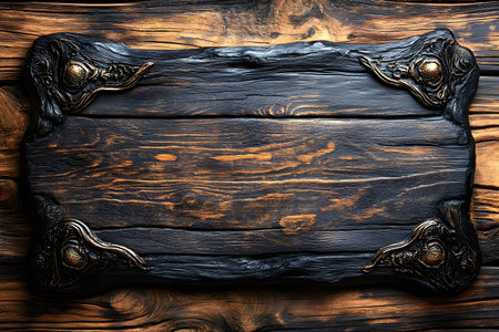 Rustic wooden frame adorned with intricate metal detailing, set against a textured wooden background. ideal for vintage-inspired projects, this piece brings a touch of elegance to any setting, perfect for decor, design, or photography backdrops. Generative AIの素材