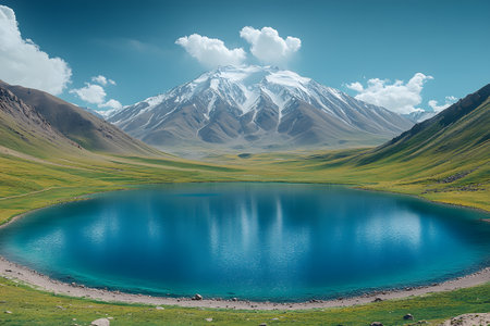 Stunning mountainous landscape showcasing a pristine lake reflecting a snow-capped peak under a clear blue sky, surrounded by lush green valleys. ideal for nature lovers, travel, and outdoor adventure enthusiasts. Generative AIの素材