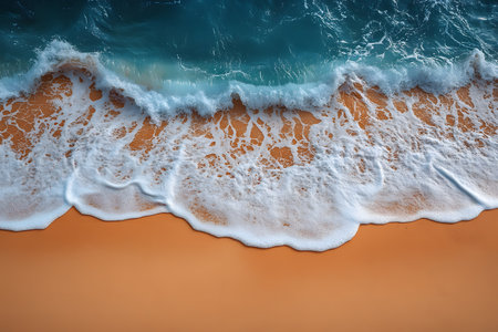 A picturesque view of a gentle wave caressing a golden sandy beach, showcasing the calming blend of turquoise ocean waters and soft sand textures. perfect for travel promotions and serene retreat designs. Generative AIの素材
