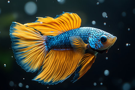 A colorful betta fish glides gracefully through a dark, aquatic environment. its vivid orange and blue scales and flowing fins create a striking contrast, capturing the beauty and elegance of underwater life. Generative AIの素材