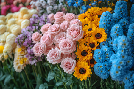 Vibrant floral display showcasing pink roses, bright yellow sunflowers, and striking blue delphiniums. perfect for garden enthusiasts seeking color inspiration and botanical variety for floral design projects. Generative AIの素材