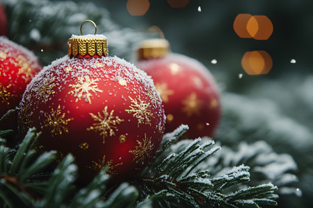 Red christmas ornament adorned with gold snowflakes rests on snow-covered pine branches, set against a blurred, bokeh-lit background, evoking a warm holiday ambiance and seasonal celebration. Generative AIの素材
