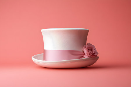White top hat adorned with a pink ribbon and a rose set against a coral backdrop, ideal for fashion or event design. the contrasting colors and floral detail highlight sophistication and elegance. Generative AIの素材