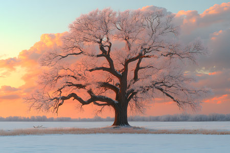 A lone, majestic tree stands elegantly against a vibrant sunset sky. the branches are delicately covered in frost, creating a striking contrast with the snow-blanketed field, embodying the serene beauty of winter. Generative AIの素材