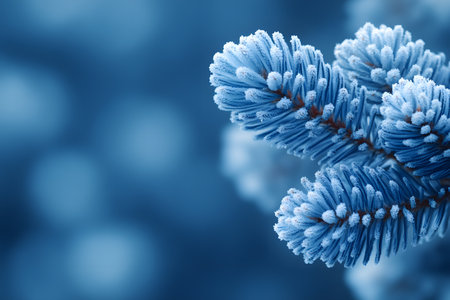 Frosted pine branches with intricate ice crystals create a serene winter scene. the cool blue tones emphasize the beauty of nature in winter, offering a perfect theme for holiday and seasonal designs. Generative AIの素材