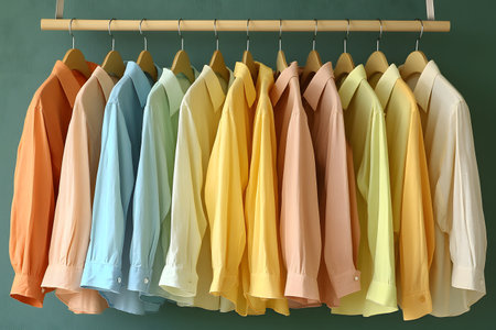 A vibrant display of button-up shirts in various colors, neatly arranged on wooden hangers. perfect for showcasing fashion trends, retail merchandising, or textile patterns, the beauty of organized apparel. Generative AIの素材