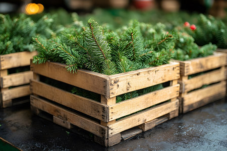 Fresh pine branches are arranged in rustic wooden crates, creating a natural and festive decoration. ideal for christmas or holiday displays, the setup exudes a cozy, organic charm, perfect for enhancing seasonal ambiance. Generative AIの素材