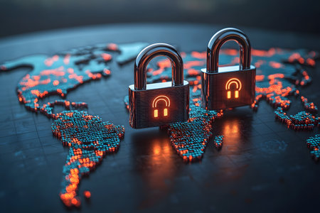 Depiction of global cybersecurity featuring two illuminated padlocks on a digital world map. red and blue dots represent data or network connections, the importance of protection in international communication and information security. Generative AIの素材