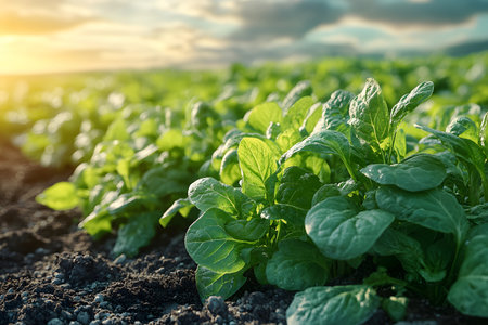 Lush green spinach plants in a vibrant field bathed in soft morning sunlight, emphasizing the freshness and growth potential of organic agriculture. ideal for farming, sustainability, and nutrition themes. Generative AIの素材