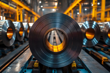 Steel coils line the floor of an advanced manufacturing facility, showcasing precision engineering and industrial efficiency. the brightly lit factory environment highlights the gleaming metal surfaces, emphasizing modern machinery and production processes. Generative AIの素材