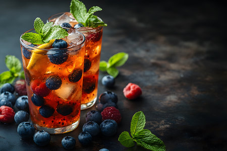 Refreshing summer cocktail featuring blueberries, raspberries, and mint leaves in ice-filled glasses. ideal for summer parties, celebrations, and as a vibrant addition to any drink menu. Generative AIの素材