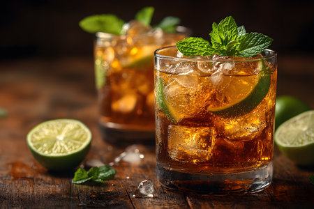 Two glasses of refreshing cocktails garnished with fresh mint leaves and lime slices sit on a rustic wooden table. ice cubes glisten, creating an inviting and cooling summer vibe perfect for social gatherings and relaxation. Generative AIの素材