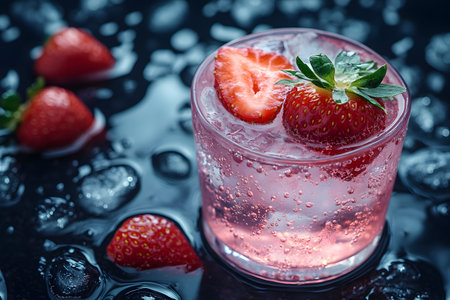 Close-up of a vibrant strawberry cocktail in a glass with ice cubes. fresh strawberries garnish the drink, and glistening water droplets add a refreshing feel. ideal for summer-themed designs and beverage promotions. Generative AIの素材