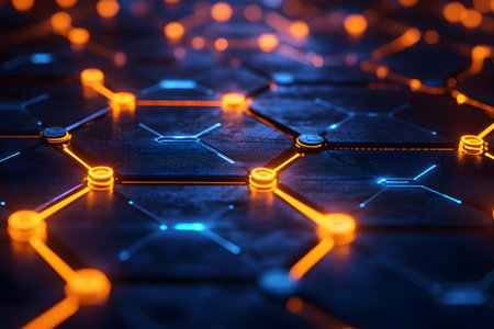 Futuristic network grid showcasing interconnected hexagonal nodes with vibrant orange and blue glowing lines on a dark surface. ideal for concepts related to digital technology, connectivity, and data networking. Generative AIの素材