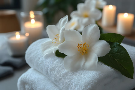 Serene spa setting with soft white towels adorned by jasmine flowers, surrounded by glowing candles. exudes tranquility and relaxation, ideal for promoting wellness and self-care environments. Generative AIの素材
