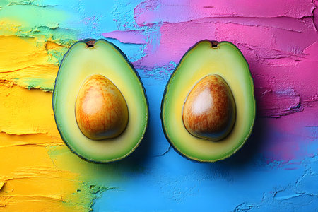 Two avocado halves are displayed on a textured background featuring vivid colors, including blue, pink, and yellow. the striking contrast between the natural green of the avocados and the bold background creates a dynamic, modern art piece. Generative AIの素材